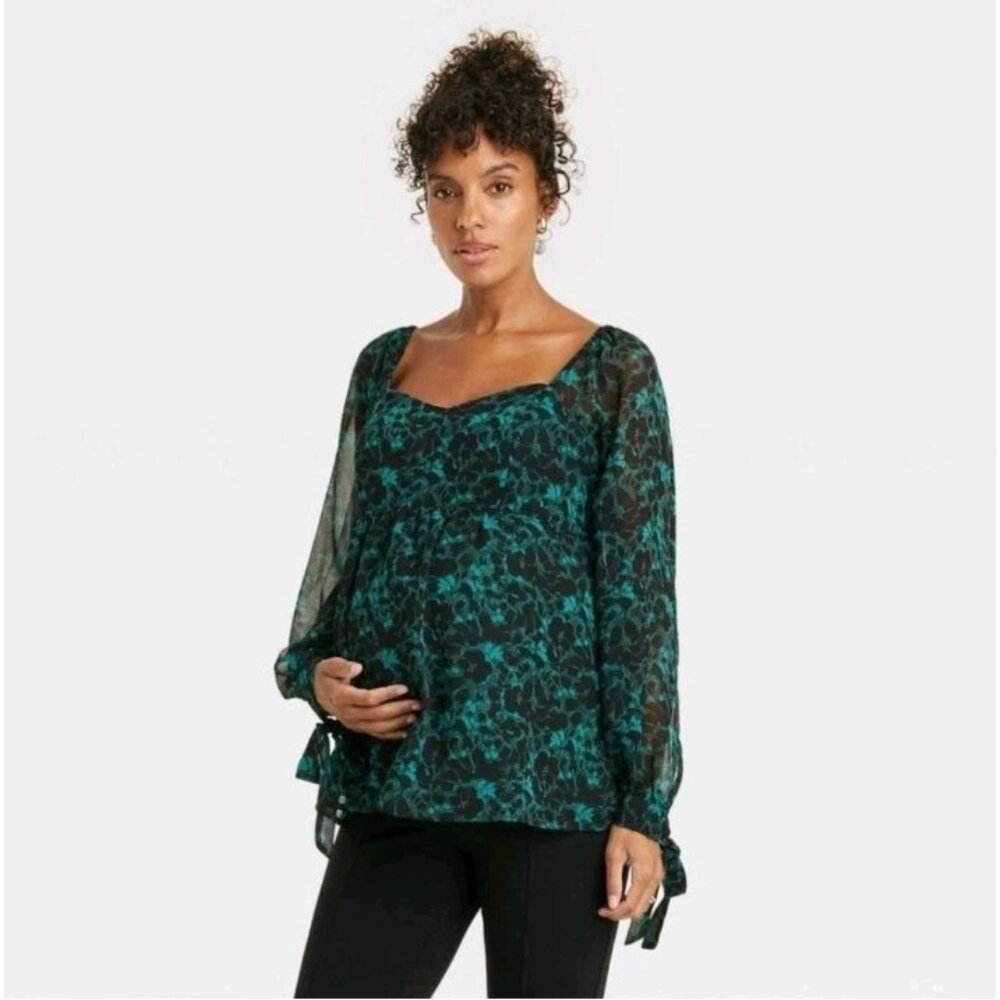 Isabel Maternity Top Black Green XXL Balloon Sleeve Sweetheart Neckline Flowy